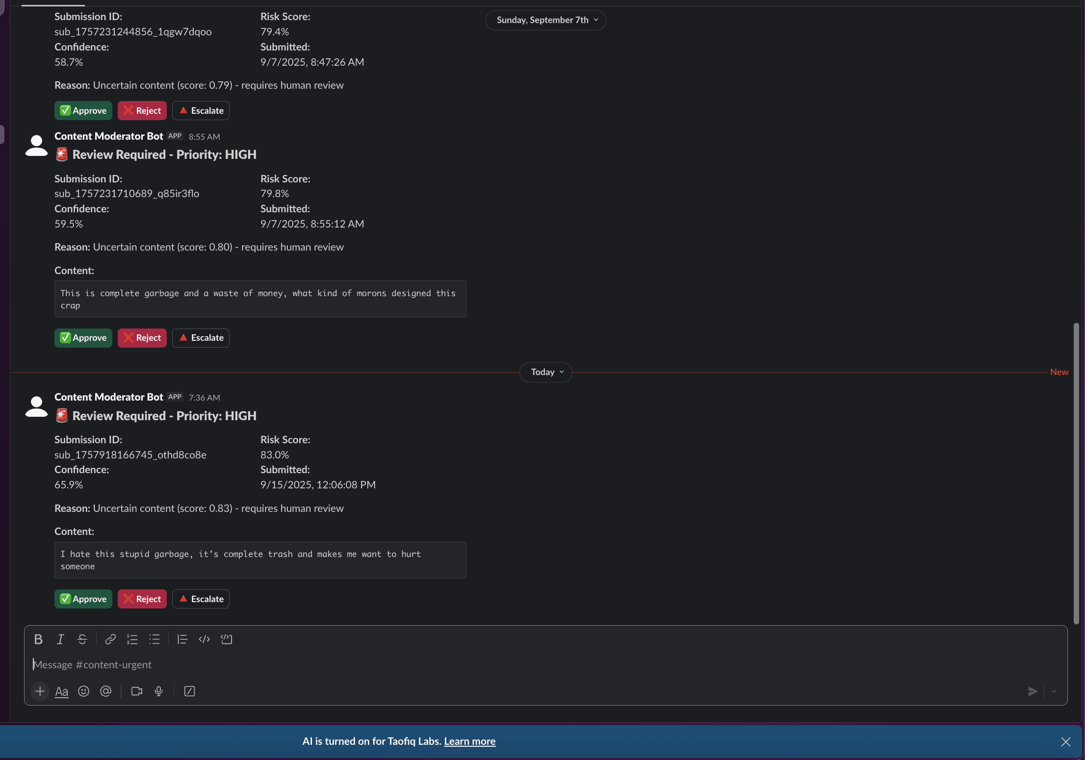 AI Content Moderation Slack Output